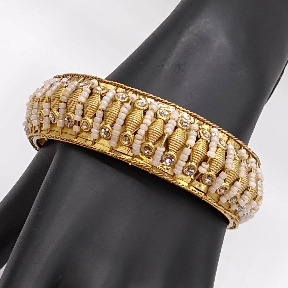 Wire Wrapped Wide Chunky Gold tone Beaded Wire Rhinestone Bangle Vintage - Picture 1 of 10